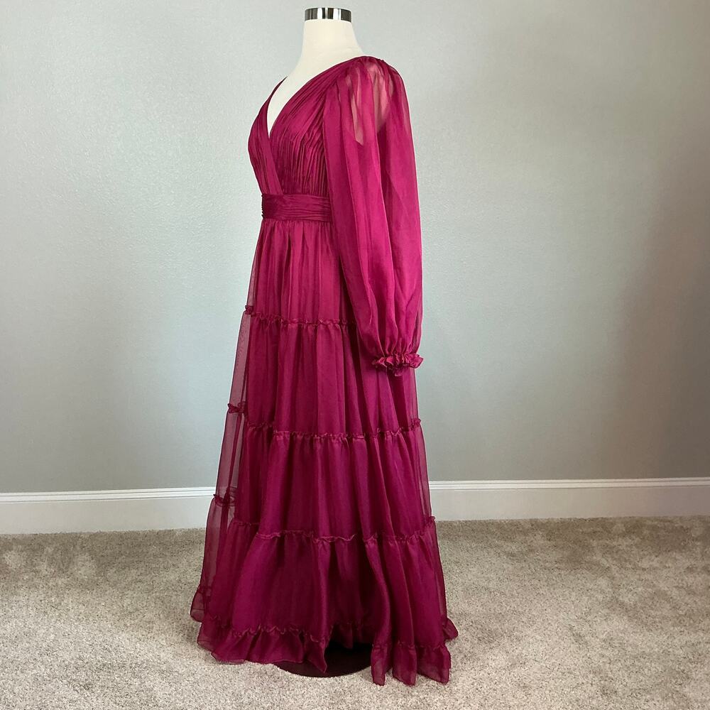 Mac Duggal 68198 Pink Evening Gown Long Sleeve Ruffle Chiffon Maxi Dress Size 16 - Picture 5 of 12